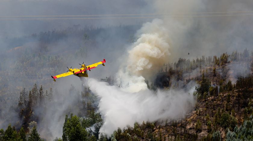 Um Canadair espanhol no apoio ao combate às chamas, em Pedrógão Grande. Foto: Miguel A. Lopes/EPA