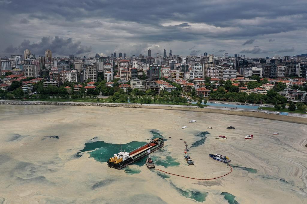 Navios tentam limpar uma camada espessa e viscosa de matéria mucosa, que se espalhou no mar perto de Istambul, prejudicando a vida marinha e a indústria pesqueira turca. Foto: Umit Bektas/Reuters