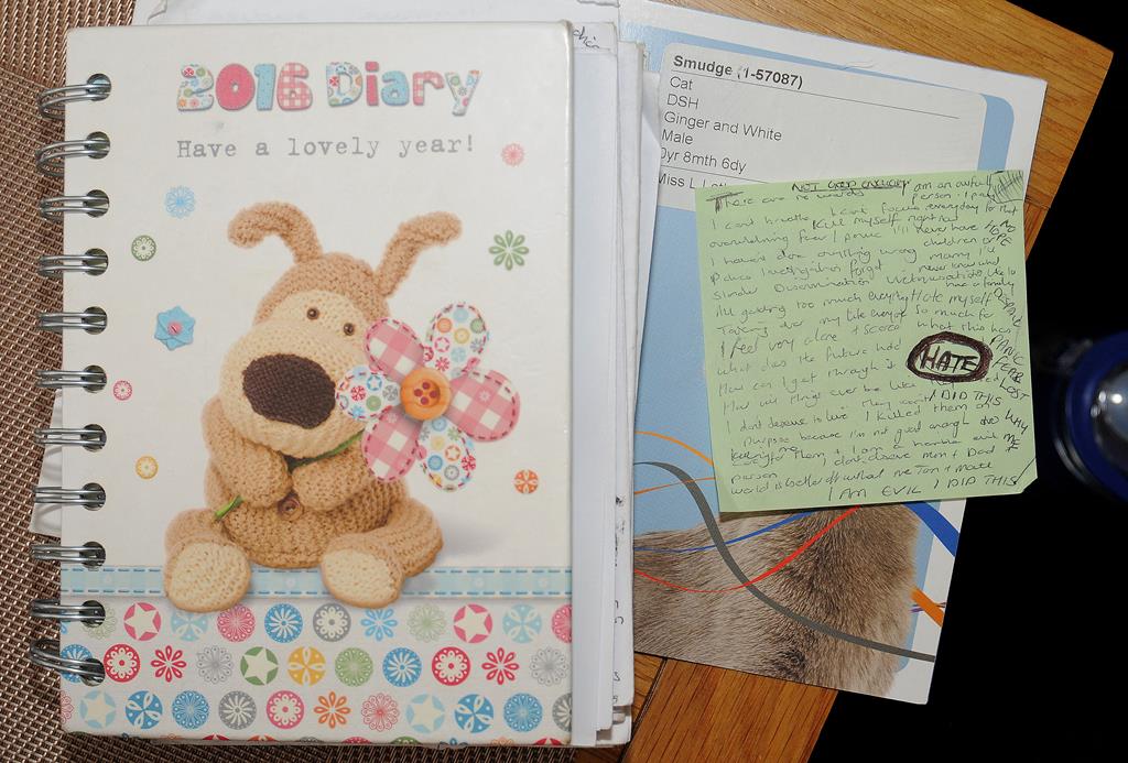 A agenda e uma nota, escrita num post-it por Lucy Letby, onde admite os crimes. Foto: Cheshire Constabulary via Reuters