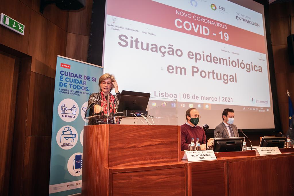 Ministra Marta Temido na reunião do Infarmed sobre a “Situação Epidemiológica da COVID-19 em Portugal”. Foto: José Sena Goulão/Lusa