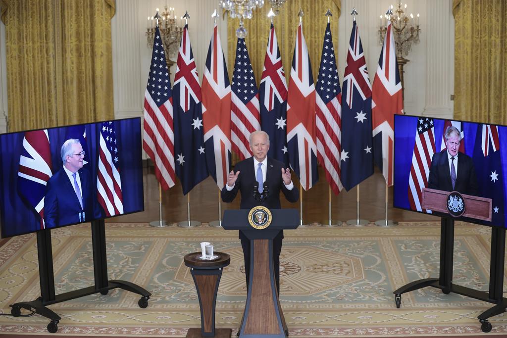Austrália, EUA e Reino Unido estabelecem parceria estratégica "Aukus" para travar ambições da China no Indo-Pacífico. Foto: Oliver Contreras / Pool/EPA
