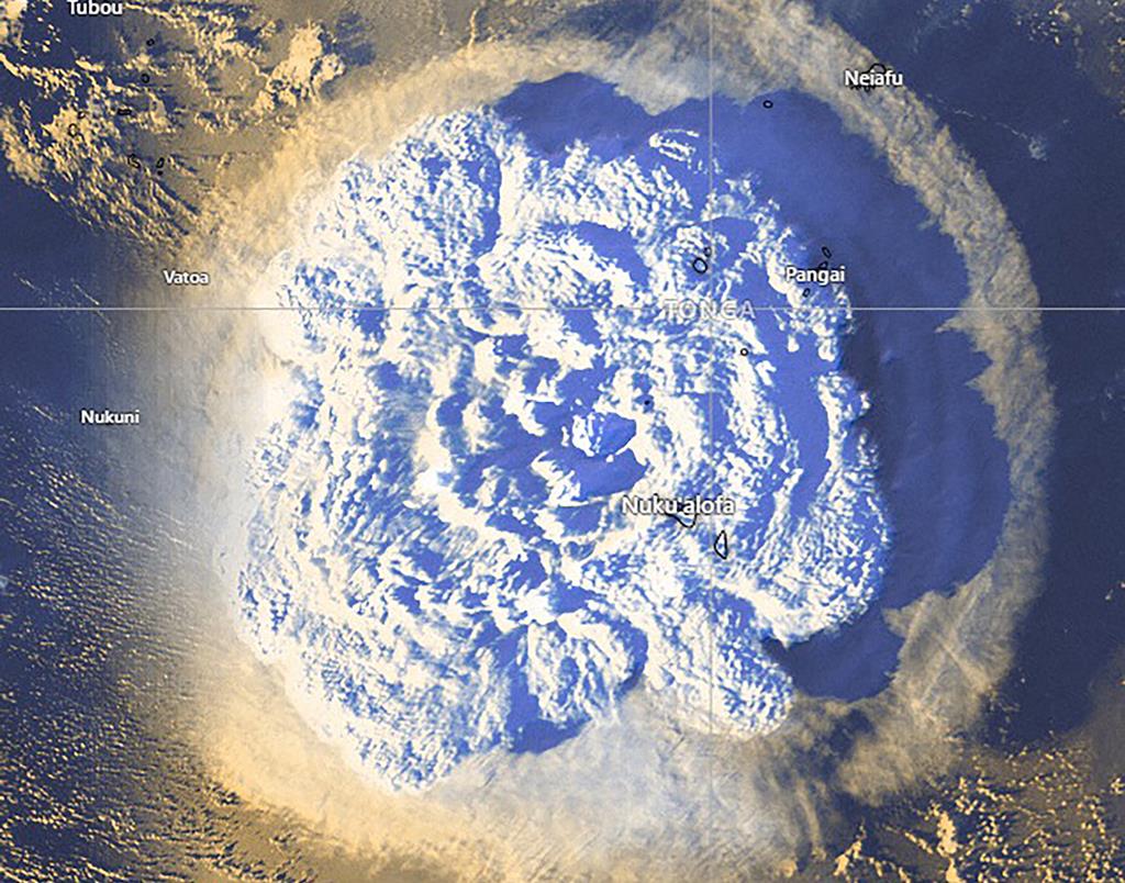 Imagem de satélite da erupção de vulcão subaquático Hunga Tonga-Hunga Ha`apai provoca tsunami Foto: Agência Meteorológica de Tonga/EPA