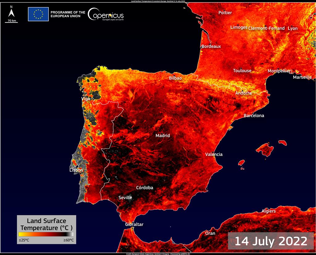 Imagens de satélite da Península Ibérica captadas pelo Copernicus Sentinel-3. Foto: Lusa