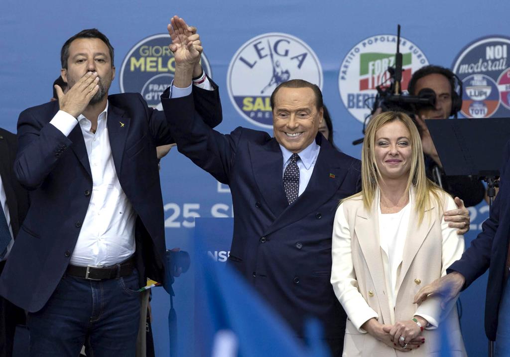 Salvini (Liga), Berlusconi (Força Itália) e Meloni (Irmãos de Itália), os candidatos da 