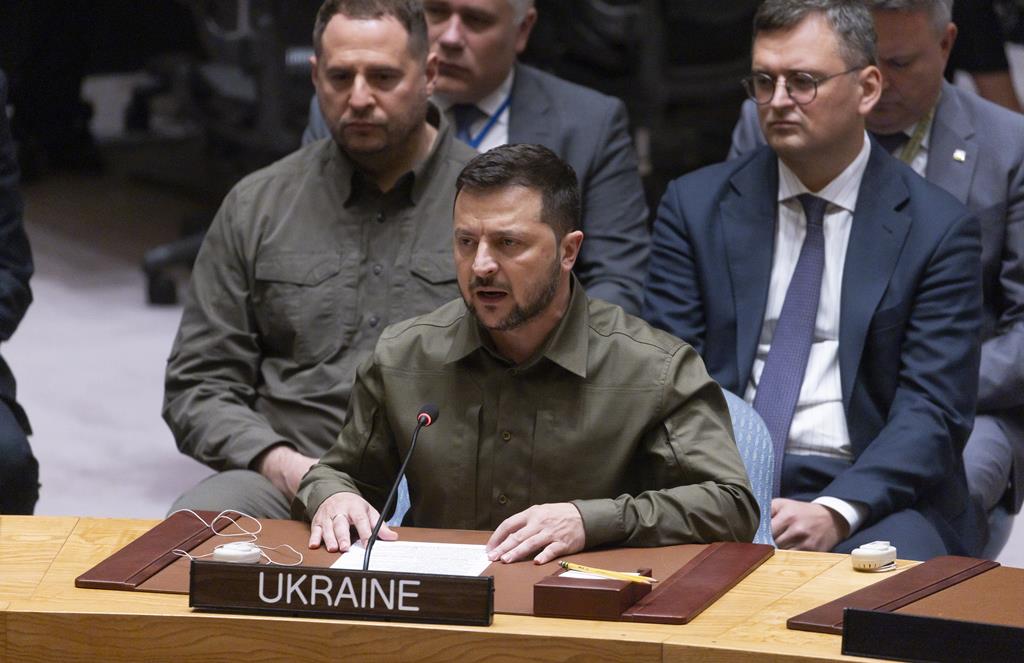 Volodymyr Zelensky no conselho de segurança da ONU. Foto: Justin Lane/EPA