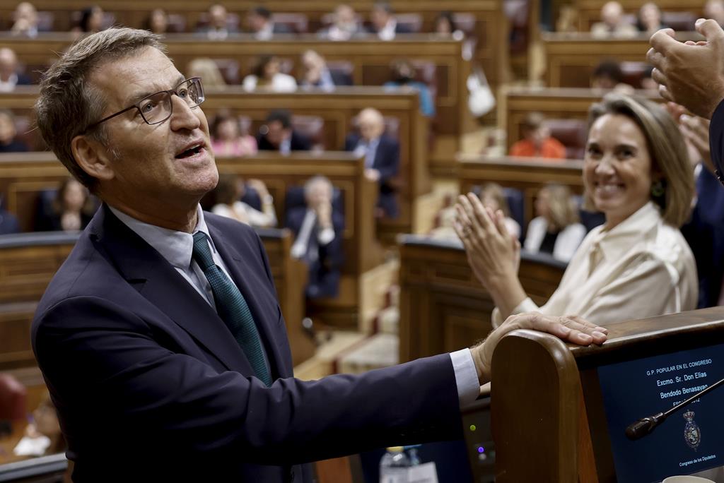 Alberto Núñez Feijóo no Congresso dos Deputados de Espanha, esta sexta-feira, durante o debate de investidura. Foto: Sergio Perez/EPA