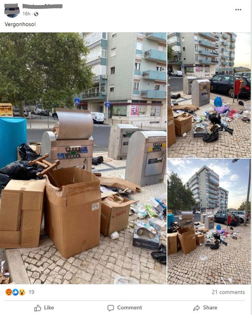 Lixo acumulado em Alvalade, Lisboa. Publicação feita no Facebook no dia 20 setembro