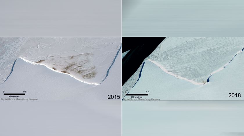 Plataforma de gelo Halley Bay em 2015 e 2018. Imagens: British Antarctic Survey