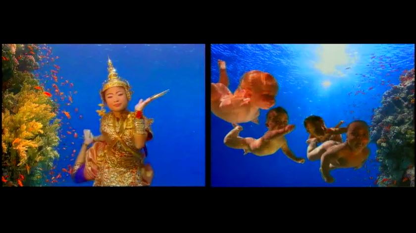 À esquerda, o homem tailandês no anúncio dos povos. À direita, os quatro bebés filmados em Londres