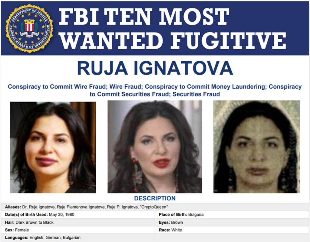 Ruja Ignatova fui vista pela última vez quando fugiu da Bulgária, em 2017 foto: FBI