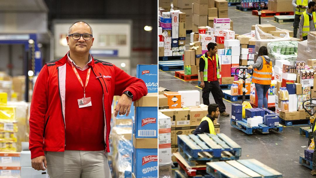 Nuno Matos, gestor de operações de logística da Auchan, e armazem com produtos que seguem diretamente para as pequenas e grandes superfícies.