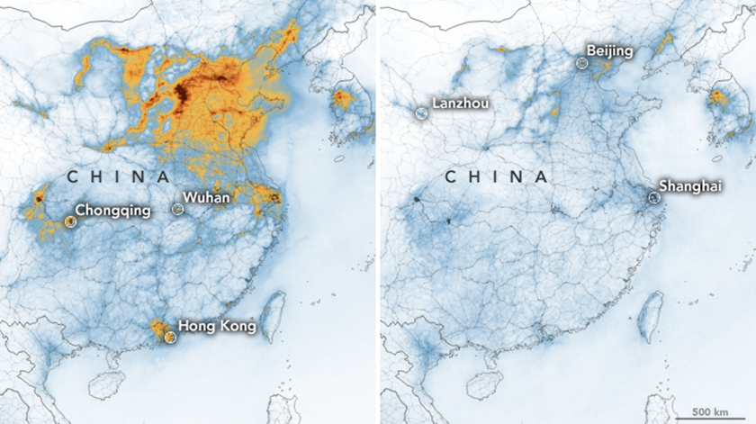 Redução drástica da poluição na China com a crise do coronavírus Foto: Earth Observatory, NASA