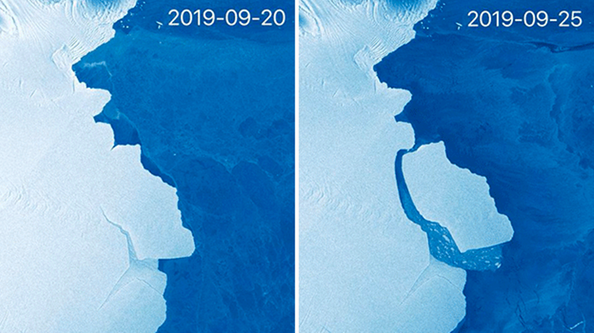 A separação do icebergue D28, que se soltou da plataforma de gelo Amery, na Antártida. Foto: Copernicus Data/satélite Sentinel-1/Twitter @StefLhermitte