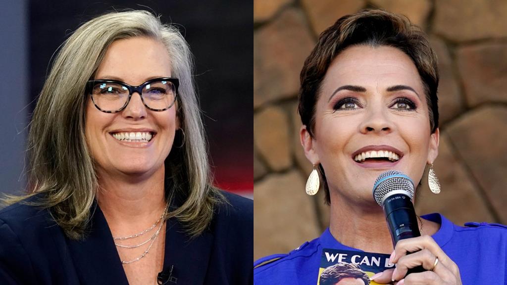 A ex-secretária de Estado do Arizona, Katie Hobbs (esquerda), conseguiu derrotar Kari Lake na corrida a governadora. Foto: DR