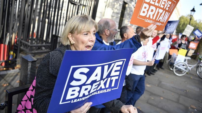 Apoiantes do Brexit protestam contra o plano de May. Foto: Neil Hall/EPA