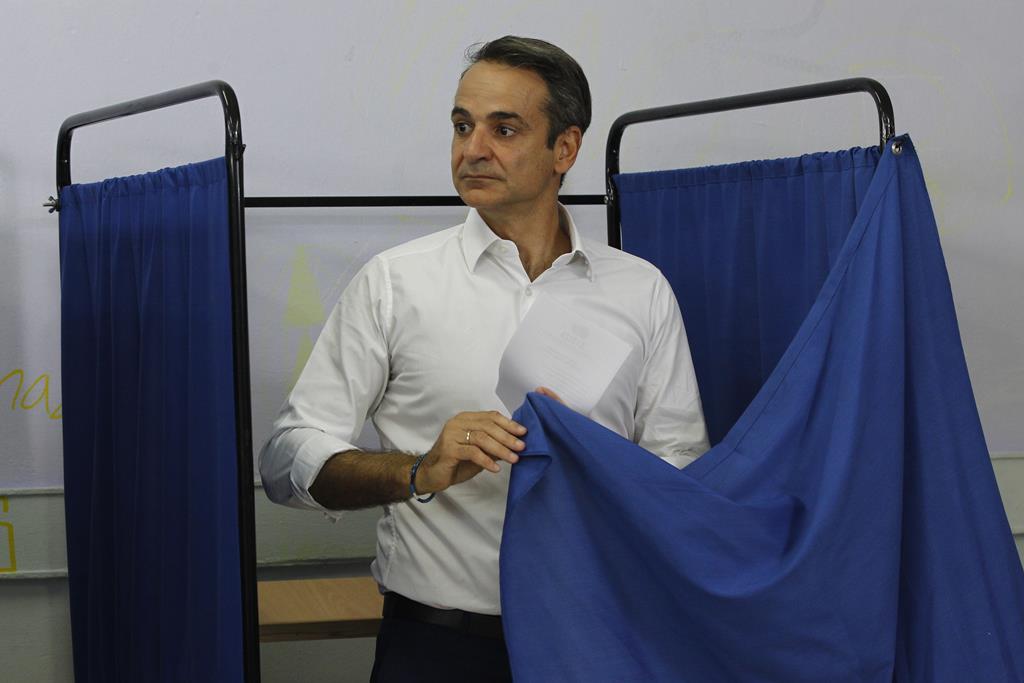 Kyriakos Mitsotakis e o seu Nova Democracia (conservadores) venceram a primeira volta sem maioria. Foto: Alexandros Vlachos/EPA
