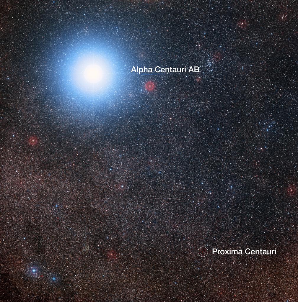 O céu em torno de Alfa Centauri e Proxima Centauri (anotado). Foto: Digitized Sky Survey 2 Acknowledgement: Davide De Martin/Mahdi Zamani