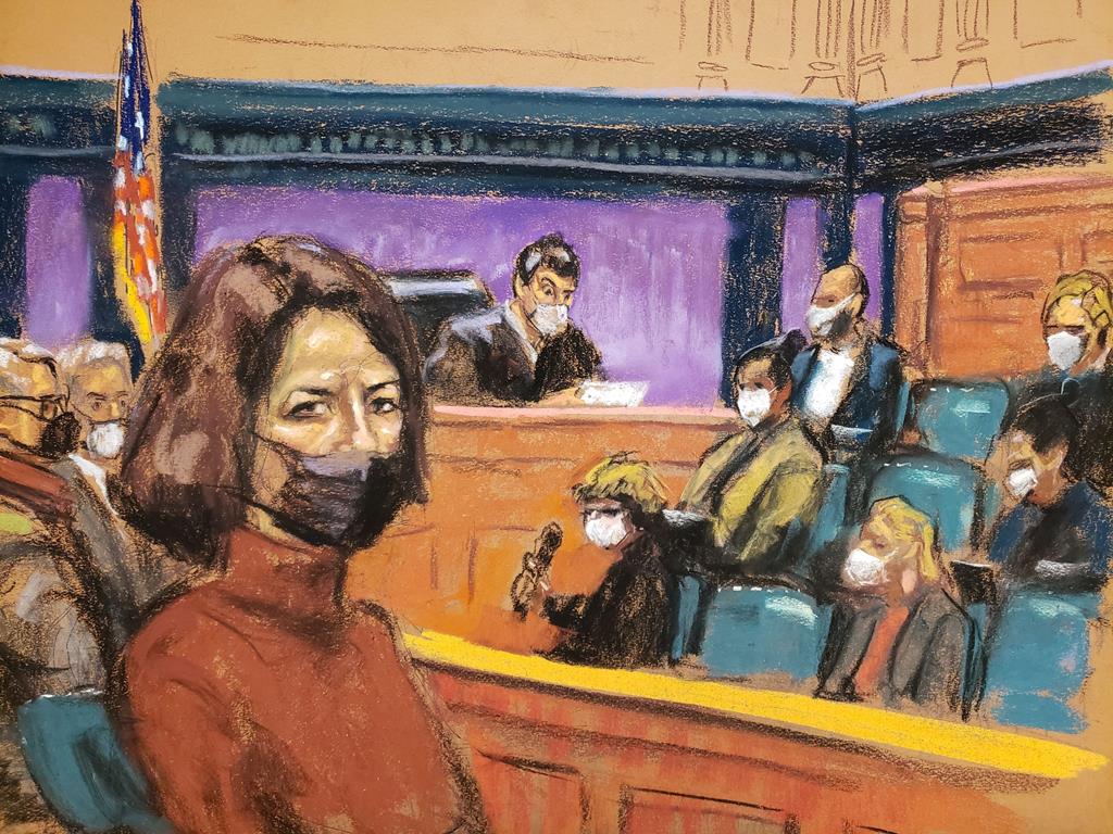 Ilustração de Ghislaine Maxwell durante o julgamento em que foi condenada por tráfico sexual. Foto: Reuters/Jane Rosenberg