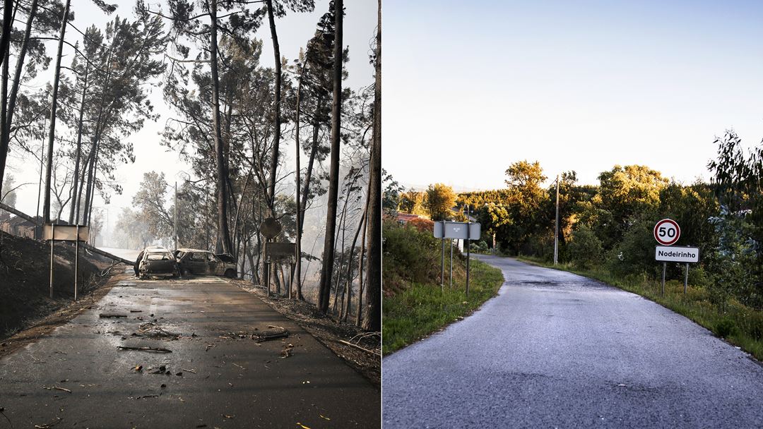  Pedrógão Grande, três anos depois dos incêndios de 2017. Montagem de fotografias de 2017 e 2020. Fotos: Joana Bourgard/RR