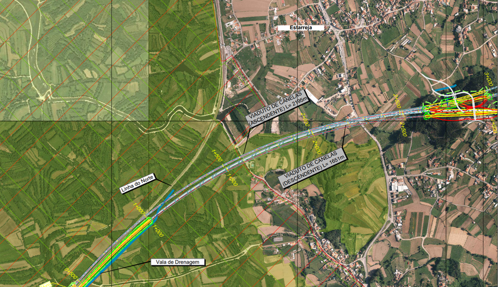 A interligação entre a linha de alta velocidade e a Linha do Norte em Canelas afeta a Zona Especial de Conservação da Ria de Aveiro (assinalada com traços a vermelho). Imagem: Infraestruturas de Portugal