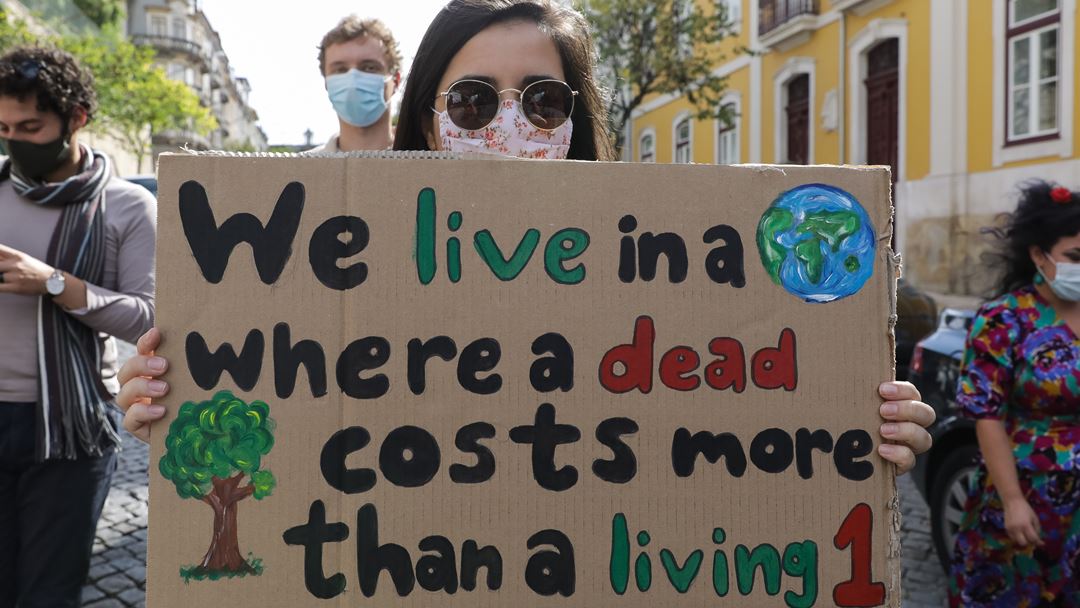 Cartaz empunhado por uma jovem, onde se lê: "Vivemos num mundo em que uma árvore morta vale mais que uma árvore viva". Foto: Paulo Novais/Lusa