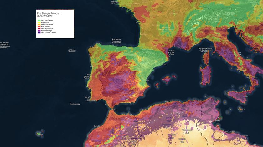 Previsão de risco de incêndio para o dia 6 de julho de 2022. Fonte: Sistema Europeu de Informação sobre Incêndios Florestais (clique na seta à direita para ver mais)