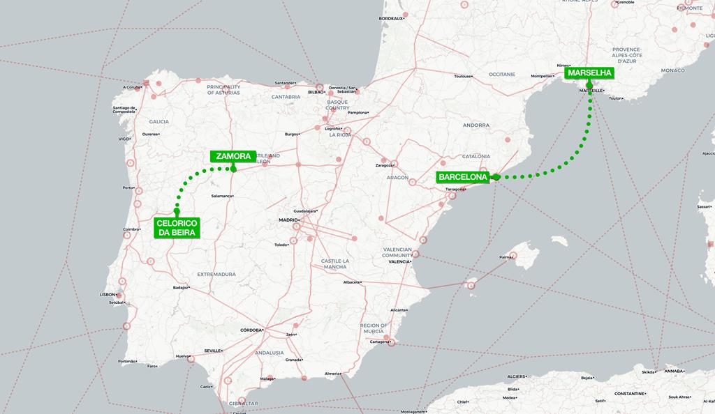 Mapa mostra localizações de dois novos pipelines, que irão ligar Barcelona a Marselha e Celorico da Beira e Zamora. "Corredor de energia verde" foi acordado entre Portugal, Espanha e França. Mapa: Global Energy Motor. Infografia: Rodrigo Machado/RR