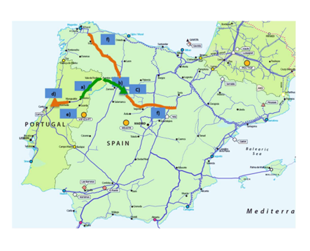 Mapa de 2018 com os trajetos definidos para a primeira fase (a verde) e para a segunda fase (laranja) aponta para a conclusão da interligação Portugal-Espanha em 2028. Foto: REN