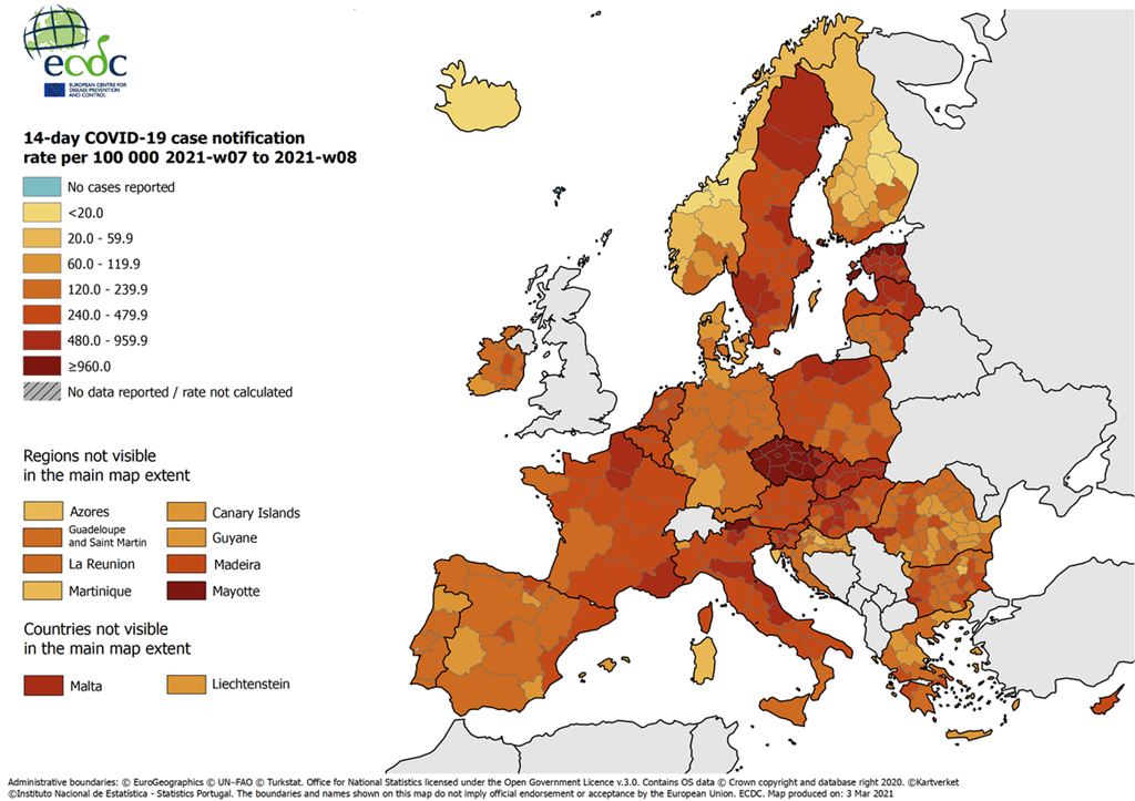 Mapa de risco doe infeção por Covid-19 do Centro Europeu de Controlo de Doenças . Foto: ECDC