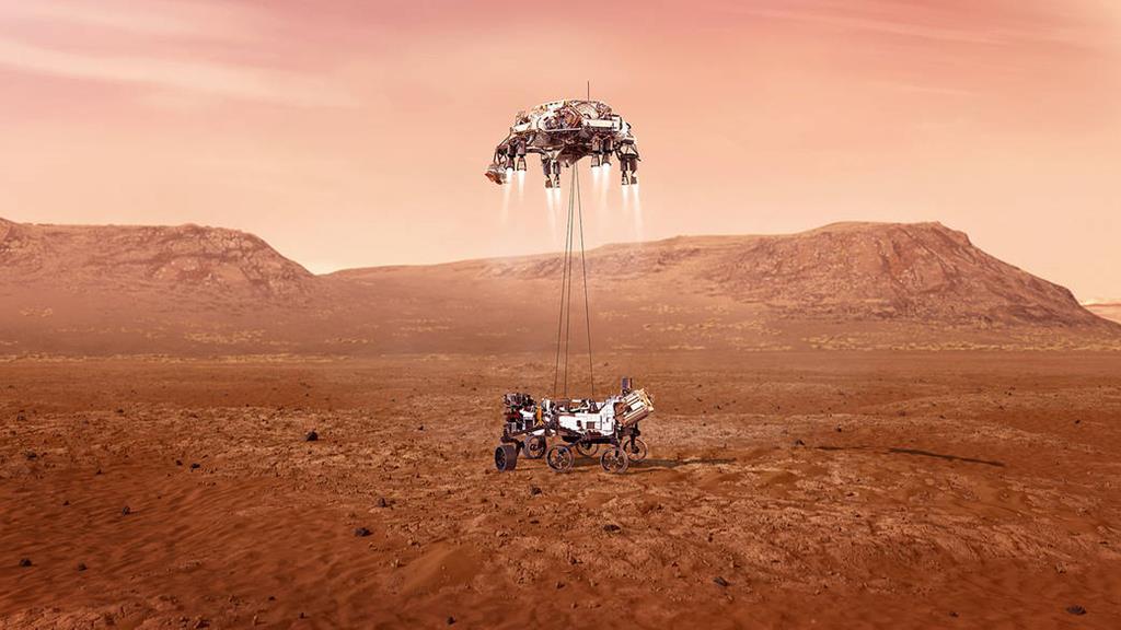 Ilustração do robot Perseverance na chegada a Marte. Foto: NASA/JPL-Caltech