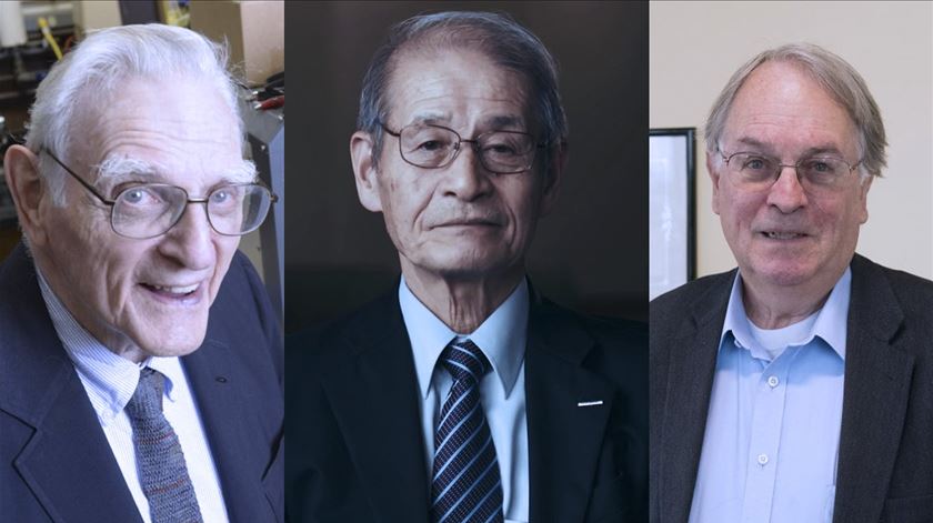 John B. Goodenough (dir.), Akira Yoshino (meio) e M. Stanley Whittingham (esq.) são os três galardoados do Nobel da Química 2019. Foto: Montagem RR