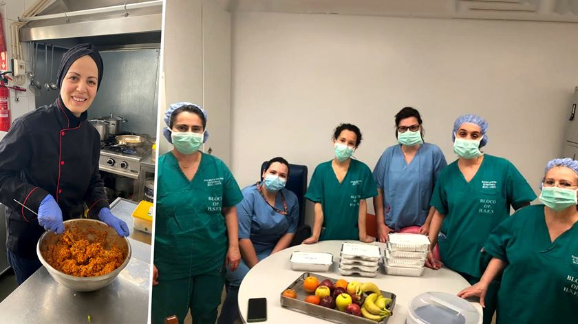 Equipa do Hospital São Francisco Xavier (à direita) agradeceu, no Facebook, o gesto do restaurante sírio. À esquerda, Ramia Ghumim prepara a refeição. Foto: Alan Ghumin via Reuters e Facebook