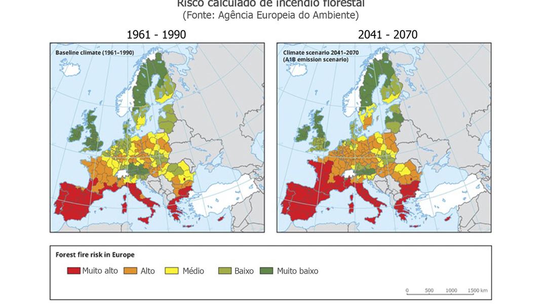 Mapas com risco calculado de incêndio pela Agência Europeia do Ambiente. 