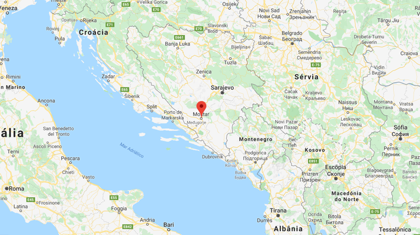 Epicentro do sismo registado na Bósnia, perto de Mostar, a 26/11/19. Foto: Google Maps
