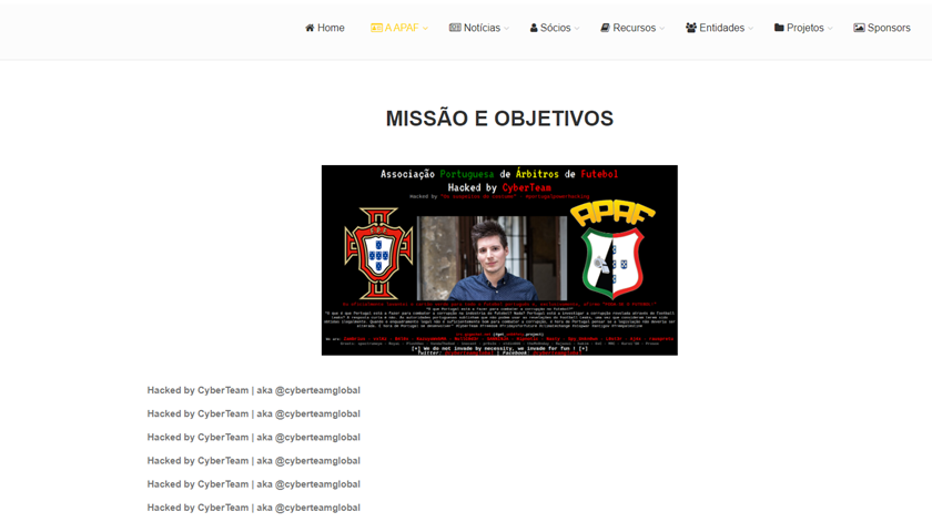 Site da Associação Portuguesa de Árbitros pirateado. Fonte: Apaf.pt