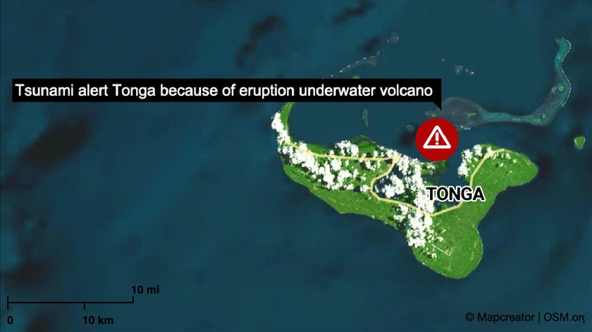 Tonga foi o país mais atingido. Foto: Mapcreator/OSM/Reuters