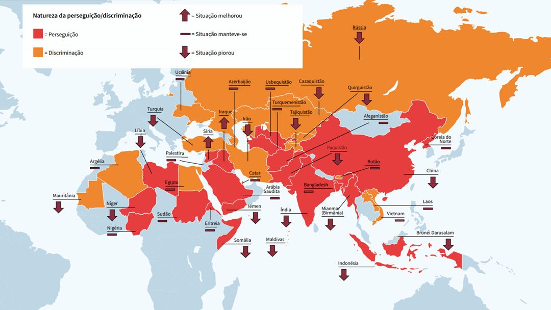 Mapa indicativo dos países onde existe um nível significativo de discriminação ou perseguição de acordo com a análise do Relatório da Liberdade Religiosa no Mundo.