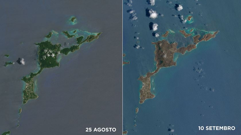 Virgem Gorda, uma das maiores ilhas das Virgens Britânicas, antes e depois do furacão. Imagem: NASA